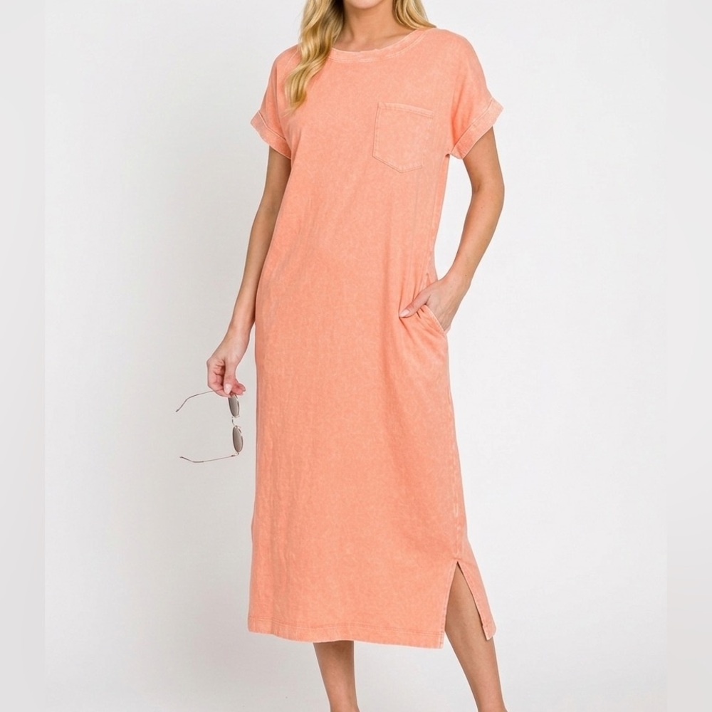 NWT Zenana Coral Orange Acid Wash Short Sleeve Midi Length T-Shirt Dress